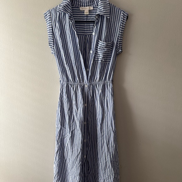 Monteau LA 100% Rayon Shirt Dress Midi Length Blue White Stripe Sz  XS - Picture 2 of 6